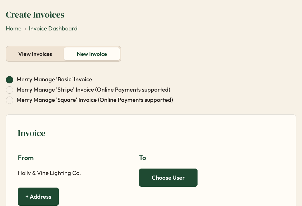 Merry Manage invoicing and online payments screen